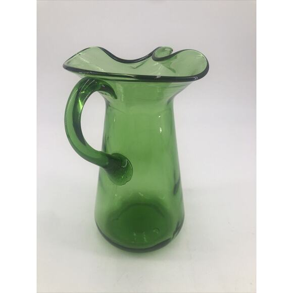 Glass Pitcher Mid Century Hand Blown Emerald Green Pinched Spout Ice Lip MCM VTG - Picture 4 of 11